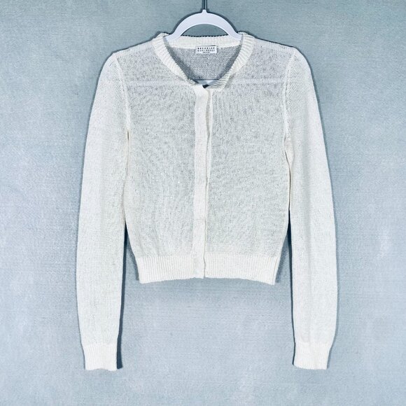 Brunello Cucinelli Sweater Womens S Ivory Linen Silk Crochet Cardigan Sequins - Picture 1 of 13